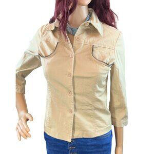 Modern Vintage Button Down Khaki Shirt with Zipper Detail Size XS
